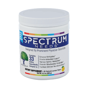 Spectrum Needs product bottle against a white background. The product name is in white text against a dark blue color band that wraps around the bottle.