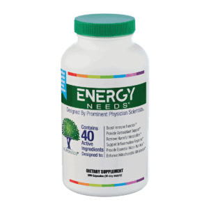 EnergyNeeds product bottle against a white background. The product name is in white text against a dark green color band that wraps the bottle. Subtitle says Contains 40 Active Ingredients