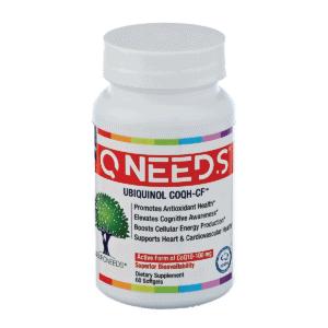 QNeeds product bottle against a white background. The product name is in white text against an orange color band that wraps around the bottle.