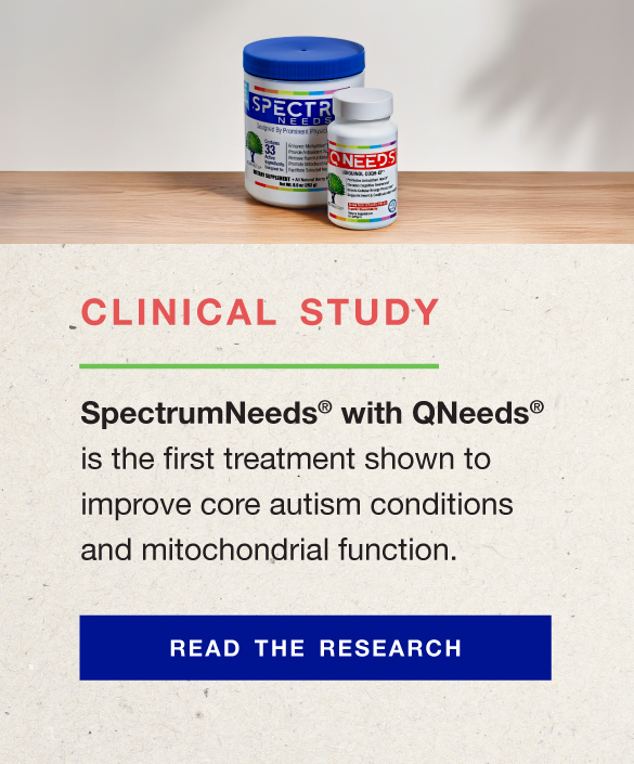 SpectrumNeeds and QNeeds bottles sitting on a wooden surface with white background, over some ad copy about the clinical study showing the product benefits and a button to click to learn more